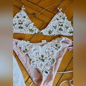 Embellished Lace Bikini Set.  Irredescent Stones.  Pink Fabric Size M Never Worn